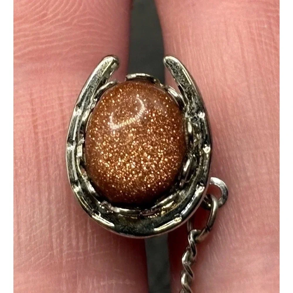 Vintage Horseshoe Goldstone Glitter Cabochon Equestrian Tie Tack Silver Tone